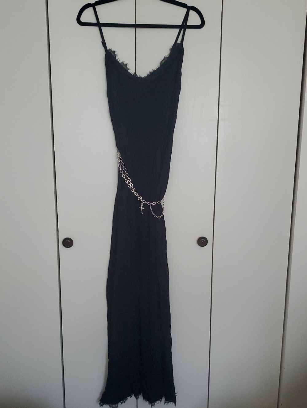 Hot Topic's Black Double Slit Cross Chain Belt Maxi Slip Dress